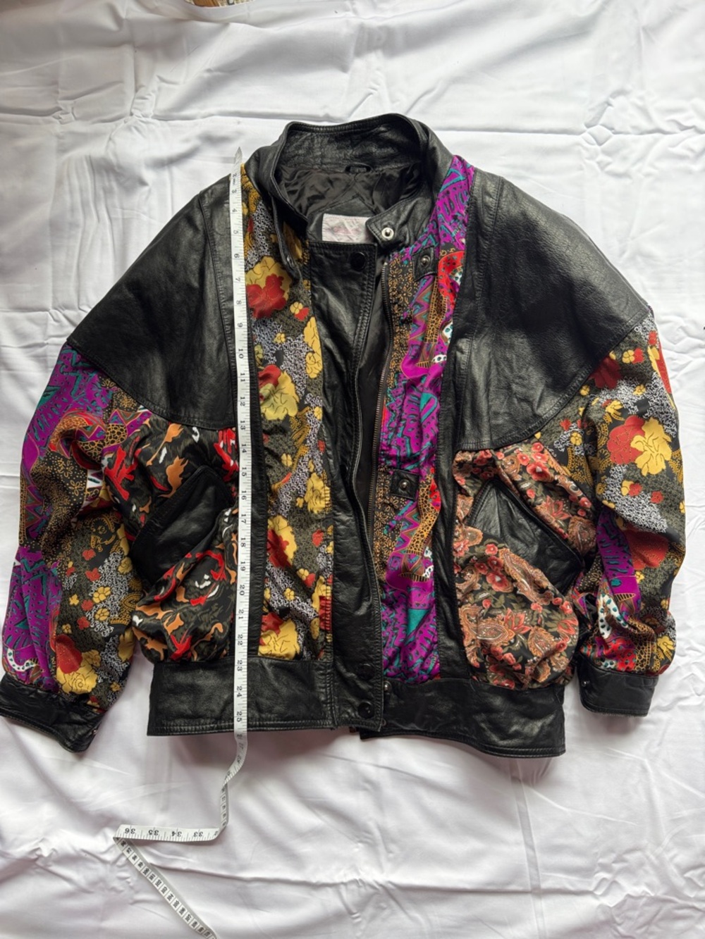 Daniel Black Leather Bomber Jacket with Multicolor Floral Panels